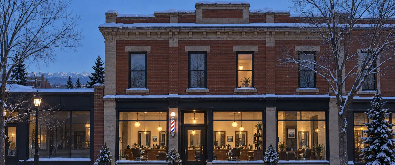 A two-storey brick block with a barbershop's windows glowing on a snowy street at blue hour