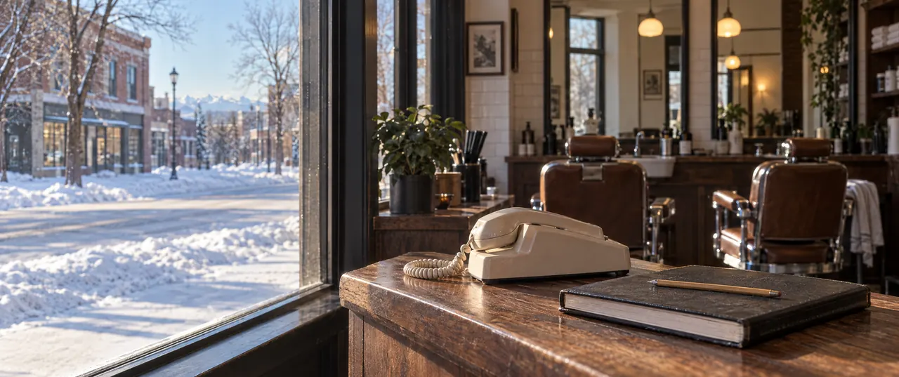 A cream desk phone and a closed appointment book on a walnut counter by a barbershop's sunny front window