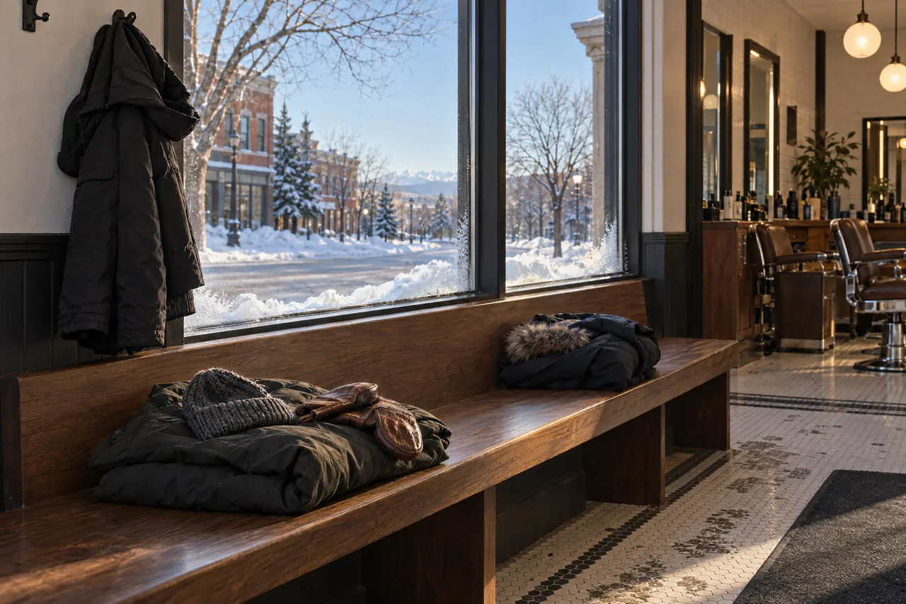 Parkas, a toque and mitts left on the walk-in bench by a barbershop's frosted front window