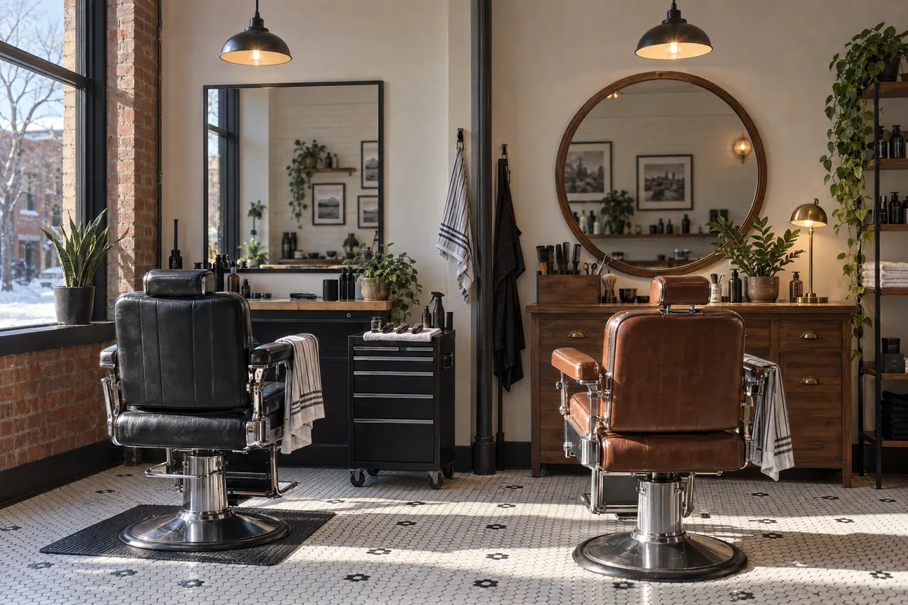 Two barber stations side by side, each with its own chair, mirror and kit