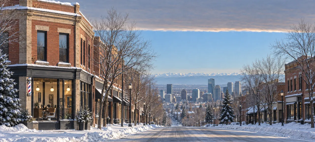 A snowy inner-city avenue of brick shops looking west to a downtown skyline and the Rocky Mountains under a chinook arch