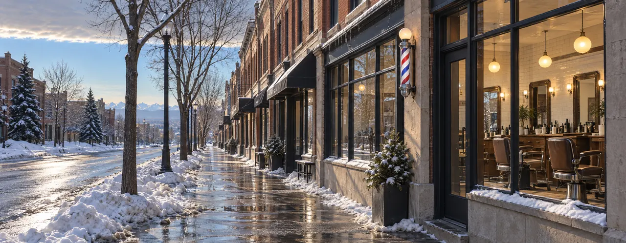 A wet, sunlit sidewalk of brick shopfronts at midday during a chinook, a barbershop's lit window on the right