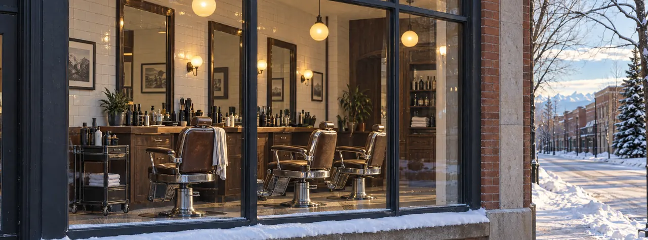 Looking through a barbershop's front window on a winter afternoon at three empty chairs, mirrors and pendant lights